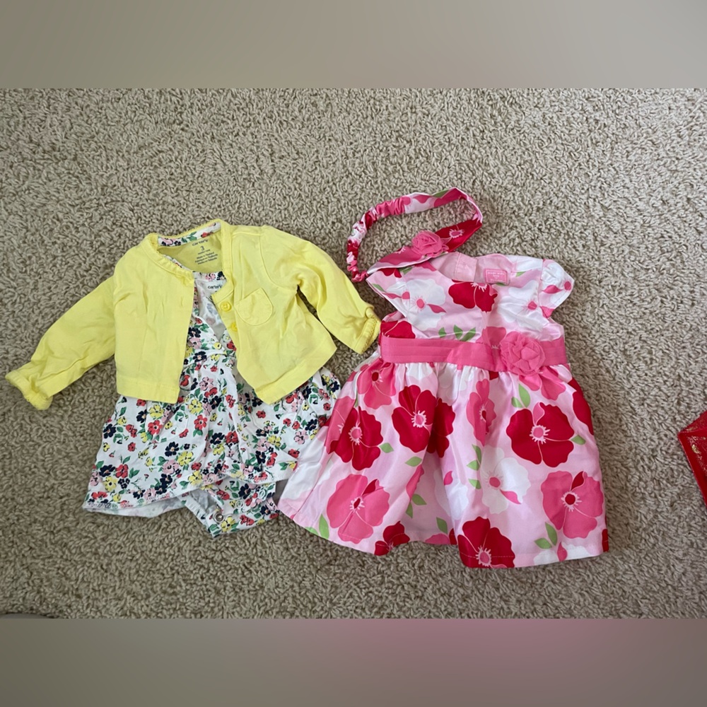 2 sets- Girls Floral Dress and headband & Floral Romper Set with Yellow Cardigan